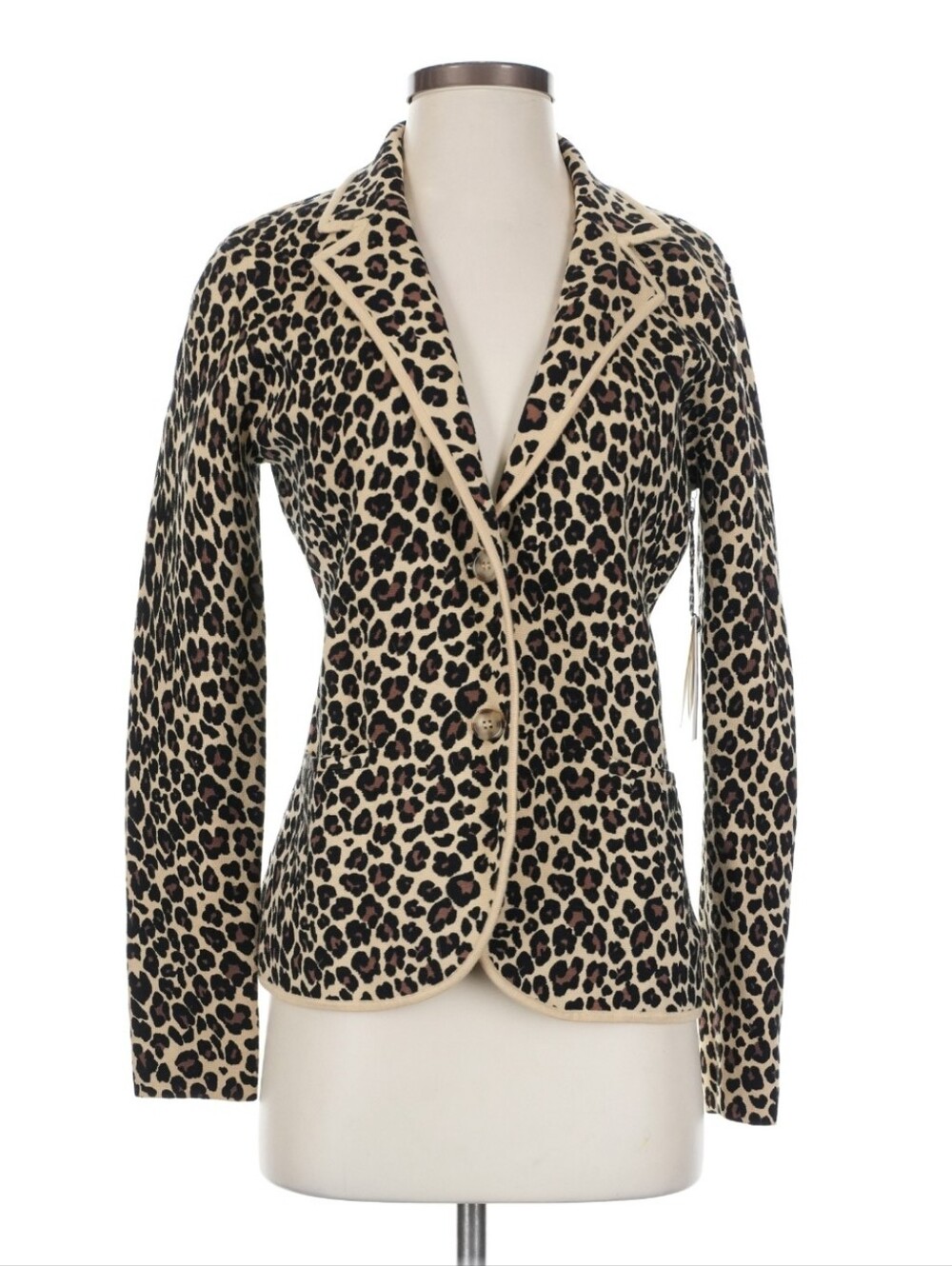 1901 Leopard Print Cotton Sweater Blazer Size S Cream Black